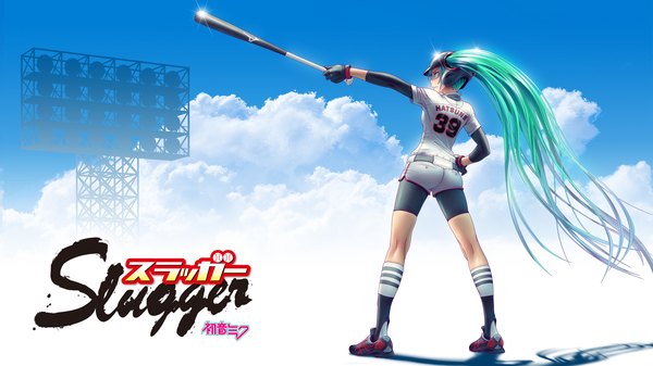 Anime picture 1920x1080 with vocaloid hatsune miku wokada single long hair highres wide image twintails cloud (clouds) aqua eyes aqua hair hand on hip pointing girl gloves baseball bat baseball uniform