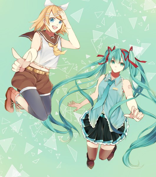 Anime picture 1500x1700 with vocaloid hatsune miku kagamine rin akatsuki (at smt) tall image looking at viewer short hair open mouth blue eyes simple background blonde hair smile twintails bare shoulders multiple girls very long hair aqua hair zettai ryouiki girl thighhighs