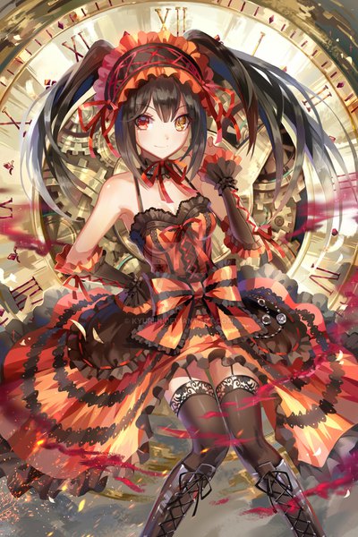 Anime picture 1024x1536 with date a live tokisaki kurumi kyurin (sunnydelight) single long hair tall image looking at viewer blush fringe breasts black hair hair between eyes red eyes twintails yellow eyes cleavage hand on hip heterochromia floating hair watermark