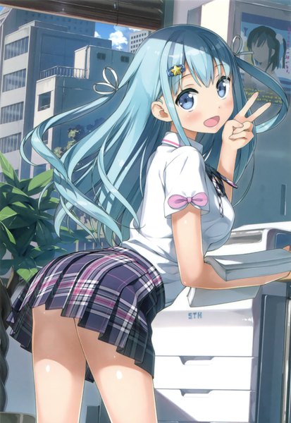 Anime picture 1929x2799 with original kantoku single long hair tall image looking at viewer blush highres open mouth blue eyes light erotic smile twintails blue hair sky cloud (clouds) :d pleated skirt plaid skirt victory
