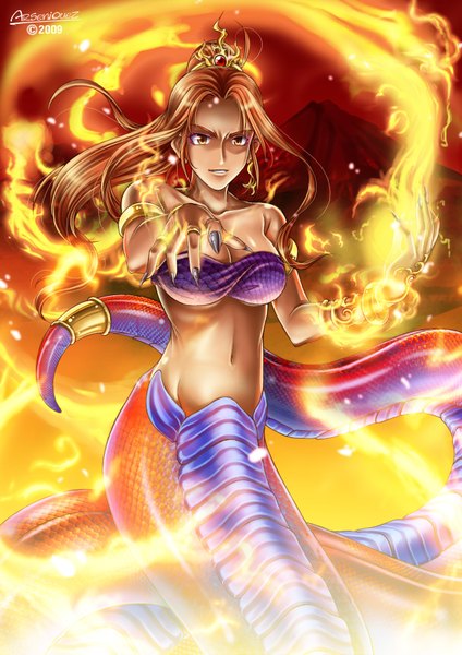Anime picture 2480x3508 with original arseniquez single long hair tall image highres brown hair bare shoulders brown eyes fingernails midriff long fingernails girl flame