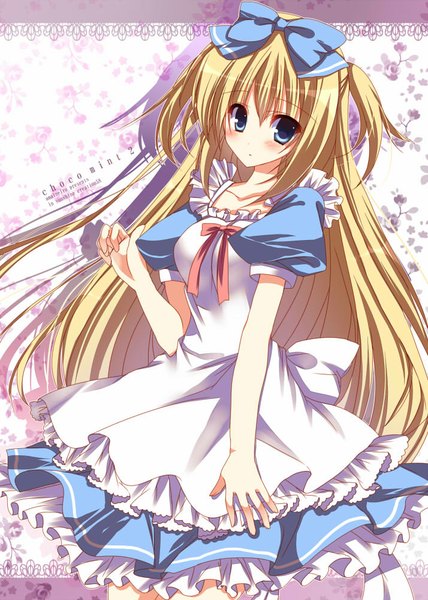Anime picture 714x1000 with original amane ruri single long hair tall image looking at viewer blush blue eyes blonde hair girl dress bow hair bow