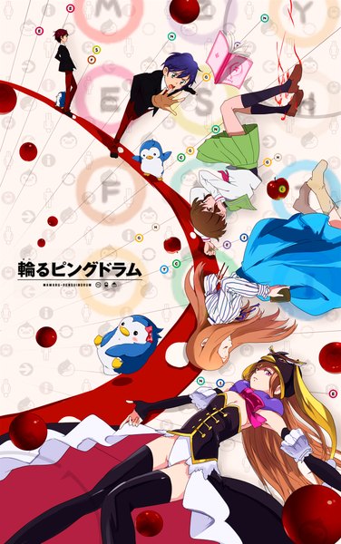 Anime picture 1300x2073 with mawaru penguindrum takakura himari takakura kanba takakura shouma penguin 3-gou penguin 1-gou penguin 2-gou oginome ringo ume (plumblossom) long hair tall image brown hair green eyes blue hair red hair lying pink eyes thighhighs dress skirt