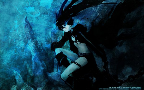 Anime picture 1920x1200 with black rock shooter black rock shooter (character) long hair highres black hair wide image blue background chain