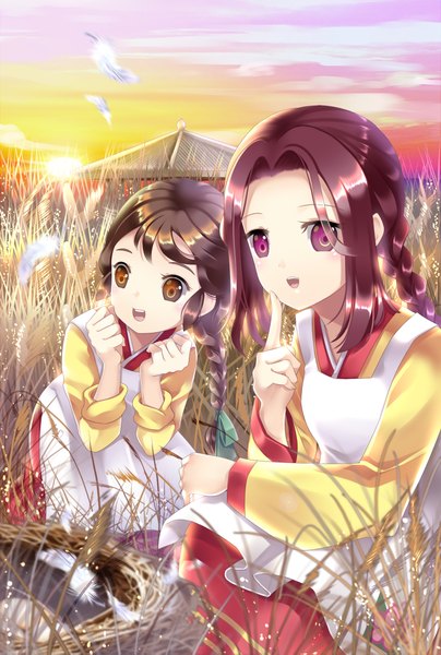 Anime picture 1500x2223 with original agrt long hair tall image open mouth black hair purple eyes multiple girls brown eyes purple hair braid (braids) girl 2 girls apron feather (feathers)