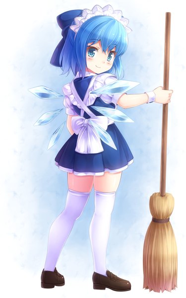 Anime picture 700x1121 with touhou cirno chintara single tall image blush short hair blue eyes smile blue hair maid girl thighhighs bow hair bow white thighhighs wings headdress maid headdress broom
