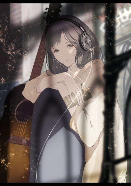 Anime picture 2026x2865 with original marumoru single tall image looking at viewer fringe highres short hair brown hair sitting holding brown eyes signed indoors mole mole under eye letterboxed girl headphones sweater