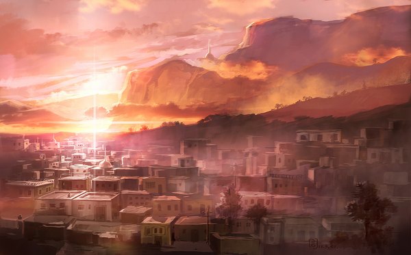 Anime picture 1000x623 with original mugon wide image sky cloud (clouds) cityscape mountain scenic morning sunrise plant (plants) tree (trees)