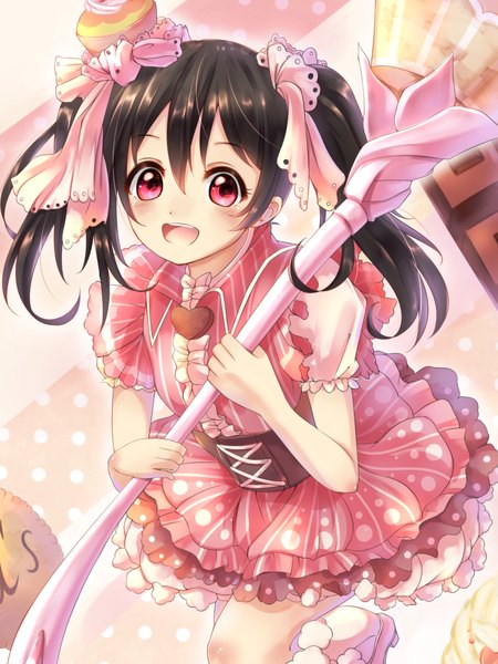 Anime picture 1875x2500 with love live! school idol project sunrise (studio) love live! yazawa nico racket ti1 single long hair tall image blush fringe highres open mouth black hair smile red eyes twintails girl dress skirt hair ornament