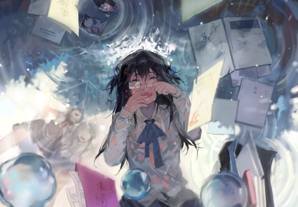 Anime picture 1250x870 with original tang elen single long hair fringe open mouth black hair eyes closed teeth crying screaming girl shirt glasses white shirt book (books) bubble (bubbles) photo (object)
