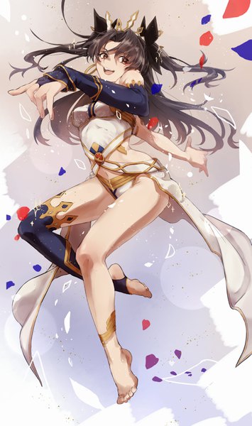 Anime picture 1721x2907 with fate (series) fate/grand order ishtar (fate) bun (artist) single long hair tall image highres open mouth light erotic black hair smile red eyes looking away bent knee (knees) :d teeth two side up floating hair outstretched arm