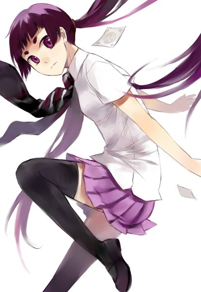 Anime picture 1600x2325 with ao no exorcist a-1 pictures kamiki izumo cotta single long hair tall image looking at viewer simple background white background purple eyes purple hair hair flower girl thighhighs skirt uniform hair ornament black thighhighs school uniform