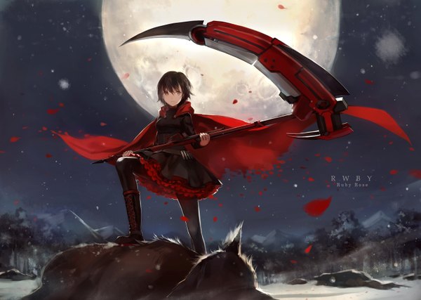 Anime picture 1403x1000 with rwby rooster teeth ruby rose grimm cotta single looking at viewer short hair black hair sky black eyes night character names text snowing winter snow mountain english girl