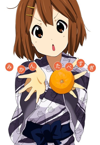 Anime picture 800x1152 with k-on! kyoto animation hirasawa yui ragho no erika single tall image looking at viewer short hair open mouth simple background brown hair white background brown eyes traditional clothes japanese clothes inscription girl bow fruit yukata