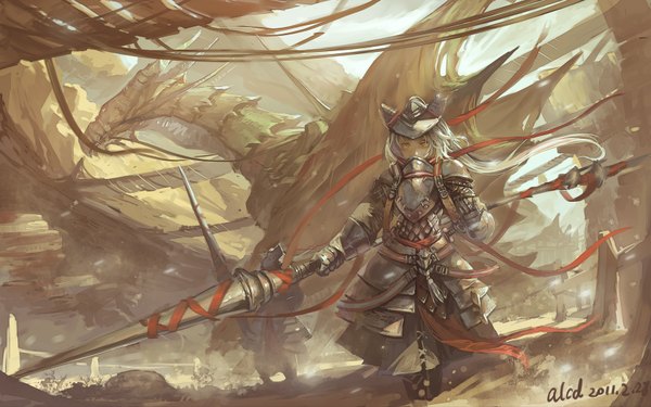 Anime picture 1680x1050 with original pixiv fantasia pixiv fantasia v alcd long hair blonde hair wide image yellow eyes ribbon (ribbons) weapon armor helmet dragon