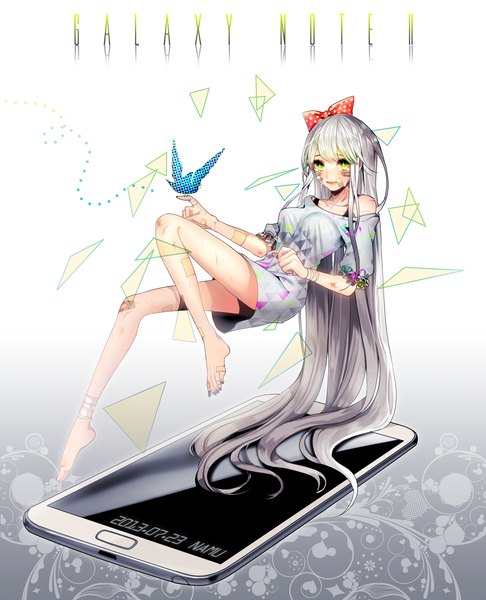 Anime picture 2192x2706 with original galaxy note namu (artist) single tall image looking at viewer highres green eyes silver hair very long hair barefoot bare legs bandaid on face bandaid on leg bandaid on knee girl dress bow hair bow bandaid