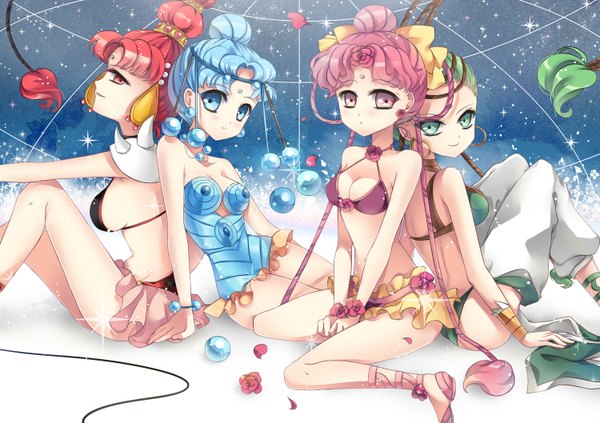 Anime picture 1500x1058 with bishoujo senshi sailor moon toei animation junjun cerecere vesves pallapalla ceru short hair blue eyes light erotic smile red eyes sitting multiple girls green eyes blue hair pink hair red hair green hair amazons quartet