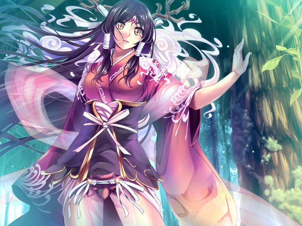 Anime picture 1024x768 with grimoire no shisho single long hair looking at viewer black hair twintails yellow eyes game cg horn (horns) short twintails girl dress plant (plants) tree (trees) shawl
