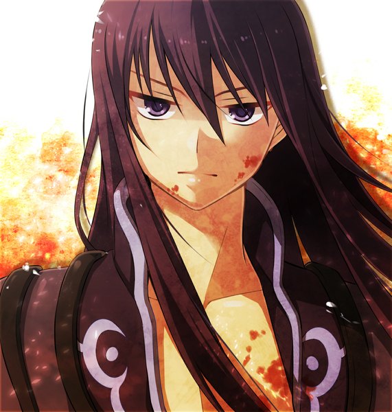 Anime picture 1069x1124 with tales of (series) tales of vesperia yuri lowell ayamisiro single long hair tall image black hair wind grey eyes portrait face boy choker blood