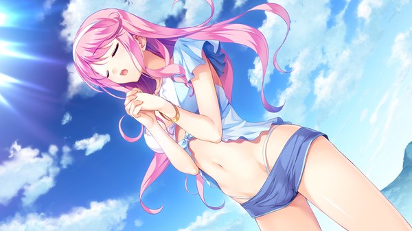 Anime picture 1280x720 with hatsuru koto naki mirai yori meltyna fumio (ura fmo) single long hair fringe open mouth light erotic wide image pink hair game cg sky cloud (clouds) eyes closed sunlight bare belly groin hands clasped interlocked fingers praying