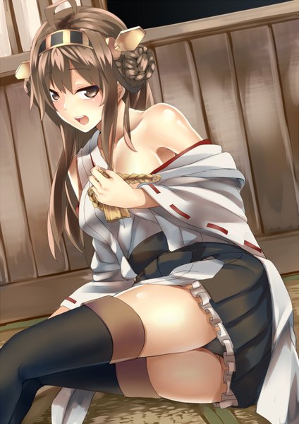 Anime picture 1200x1696 with kantai collection kongou battleship roten (rotenburo) single long hair tall image blush open mouth light erotic brown hair bare shoulders brown eyes ahoge traditional clothes pantyshot miko nontraditional miko girl thighhighs hair ornament