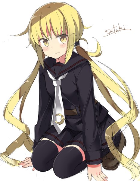 Anime picture 775x1000 with kantai collection satsuki destroyer kuhotaka single long hair tall image looking at viewer blush fringe simple background blonde hair white background twintails yellow eyes embarrassed zettai ryouiki character names kneeling low twintails girl