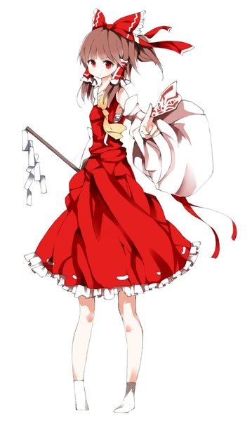 Anime picture 1007x1681 with touhou hakurei reimu kotatu (akaki01aoki00) single tall image looking at viewer fringe short hair simple background red eyes brown hair white background ponytail traditional clothes no shoes outstretched arm miko pointing girl bow