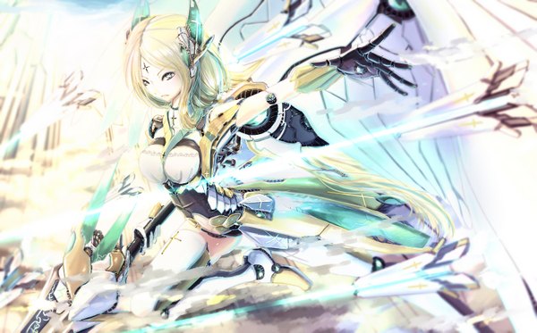 Anime picture 1500x933 with original kikivi single long hair looking at viewer breasts blonde hair wide image sky aqua eyes mechanical girl gloves weapon armor