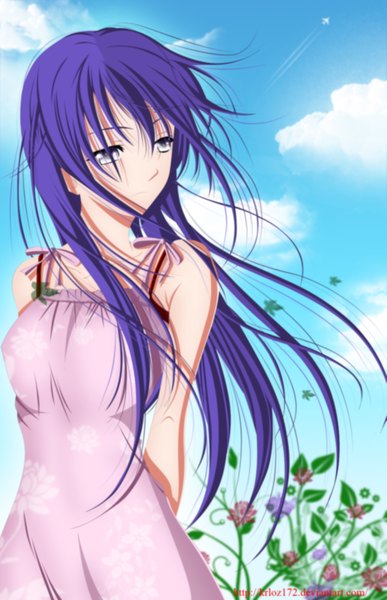 Anime picture 1289x2000 with kimi no iru machi eba yuzuki krloz172 single long hair tall image sky purple hair cloud (clouds) coloring hands behind back silver eyes girl dress flower (flowers) aircraft airplane