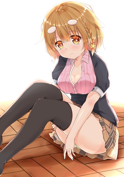 Anime picture 700x1000 with masamune-kun no revenge silver link koiwai yoshino wari (nirodo26) single tall image looking at viewer blush fringe short hair breasts light erotic simple background hair between eyes brown hair large breasts sitting brown eyes cleavage bent knee (knees)