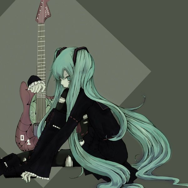 Anime picture 1535x1535 with vocaloid hatsune miku yoshikichi single fringe simple background sitting twintails very long hair aqua eyes aqua hair torn clothes lacing torn pantyhose girl dress pantyhose frills black dress knee boots