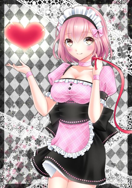 Anime picture 965x1364 with original takaaya kazuka single tall image looking at viewer blush short hair breasts smile large breasts yellow eyes pink hair cleavage maid adjusting hair checkered checkered background girl dress flower (flowers)