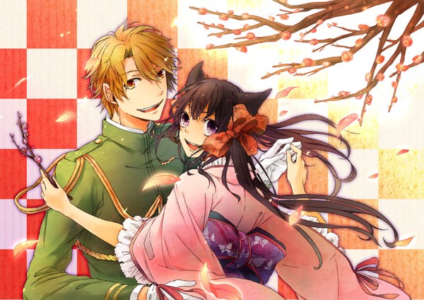 Anime picture 1700x1204 with otome youkai zakuro j.c. staff zakuro (otome youkai zakuro) agemaki kei c-chicken highres short hair black hair blonde hair purple eyes twintails animal ears japanese clothes looking back orange eyes couple checkered plum blossoms girl boy