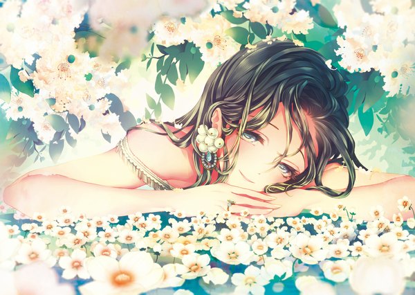 Anime picture 1049x746 with original pepepo (kyachi) single long hair looking at viewer blue eyes brown hair lying depth of field on stomach girl hair ornament flower (flowers) petals leaf (leaves) ring