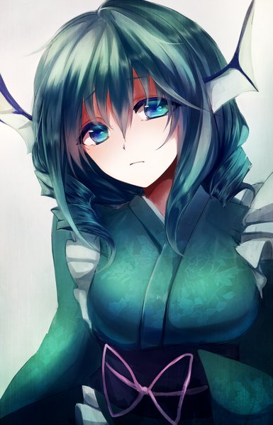 Anime picture 900x1400 with touhou wakasagihime maho moco single tall image looking at viewer short hair blue eyes simple background traditional clothes japanese clothes green hair drill hair girl kimono obi