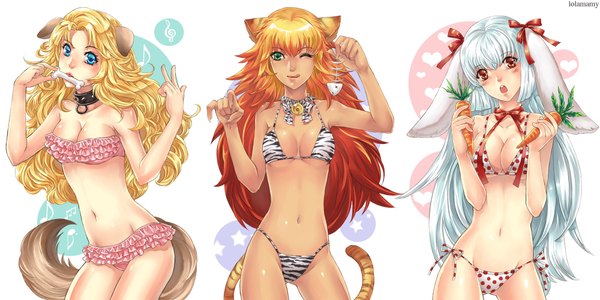 Anime picture 2000x1000 with veggiesexy long hair blush highres breasts open mouth blue eyes light erotic simple background blonde hair red eyes wide image white background bare shoulders multiple girls green eyes animal ears silver hair animal tail one eye closed