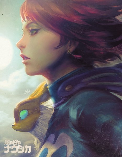 Anime picture 932x1200 with kaze no tani no nausicaa studio ghibli nausicaa teto artgerm (stanley lau) single tall image short hair open mouth simple background brown eyes signed looking away cloud (clouds) upper body red hair profile lips realistic girl
