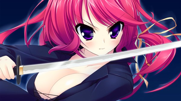 Anime picture 1280x720 with strawberry feels long hair blush breasts light erotic wide image large breasts purple eyes game cg red hair girl weapon sword