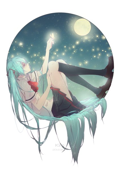 Anime picture 849x1200 with vocaloid hatsune miku kim (artist) single long hair tall image simple background white background twintails signed profile aqua eyes aqua hair reclining butterfly on hand girl skirt uniform school uniform socks