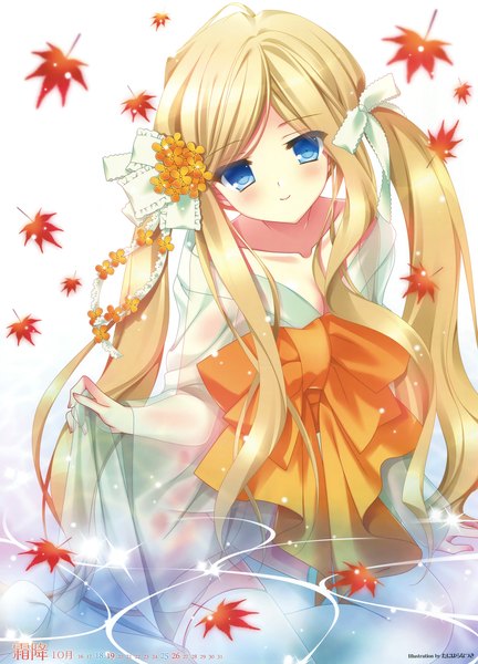 Anime picture 4683x6500 with original tanihara natsuki single long hair tall image looking at viewer blush highres blue eyes blonde hair absurdres hair flower scan girl flower (flowers) bow ribbon (ribbons) hair bow hair ribbon leaf (leaves)