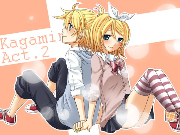 Anime picture 1680x1260 with vocaloid kagamine rin kagamine len short hair blue eyes blonde hair couple holding hands girl thighhighs striped thighhighs