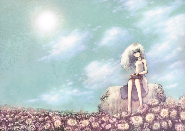 Anime picture 2480x1753 with original blackball (artist) single long hair highres blue eyes smile sitting sky cloud (clouds) white hair field girl book (books) sundress