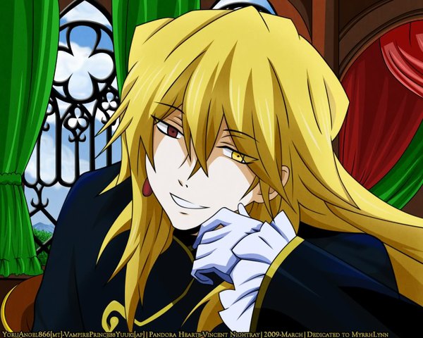 Anime picture 1280x1024 with pandora hearts xebec vincent nightray single long hair looking at viewer blonde hair smile brown eyes yellow eyes heterochromia boy gloves single earring