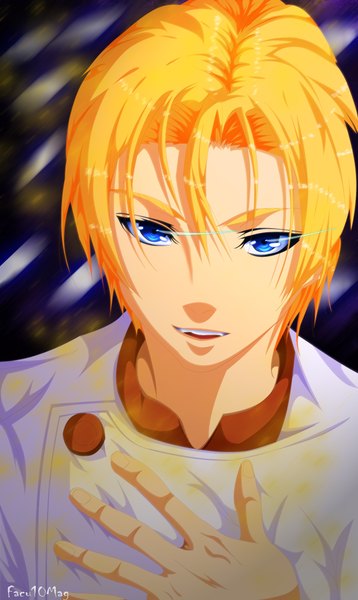 Anime picture 1400x2346 with shokugeki no soma j.c. staff takumi aldini facu10mag single tall image looking at viewer short hair blue eyes blonde hair signed glowing portrait glowing eye (eyes) chef boy uniform