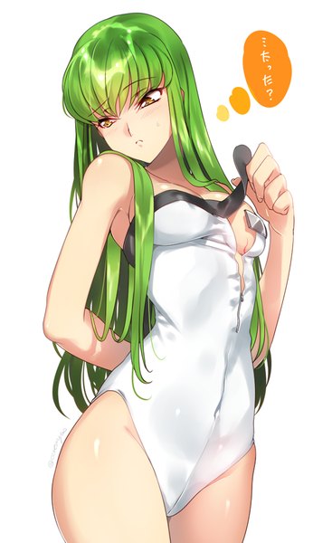 Anime picture 600x1040 with code geass sunrise (studio) c.c. creayus single long hair tall image blush fringe breasts light erotic simple background standing white background signed yellow eyes looking away looking back green hair text