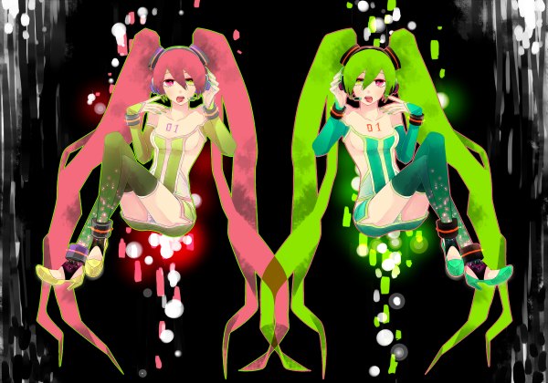 Anime picture 1200x840 with vocaloid hatsune miku open mouth twintails multiple girls green eyes pink hair heterochromia alternate color girl thighhighs 2 girls detached sleeves headphones