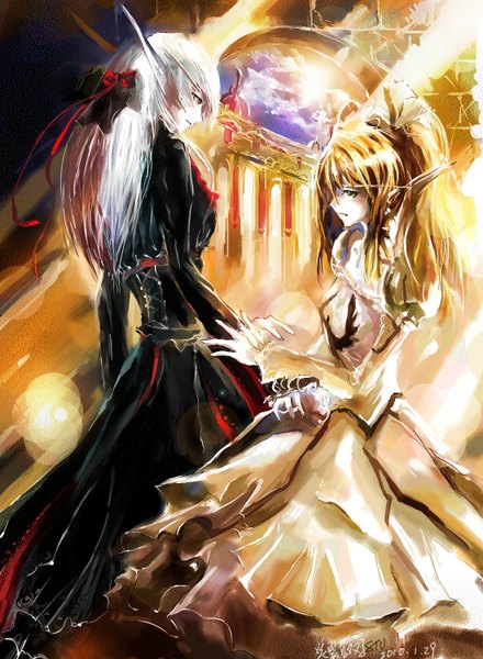 Anime picture 1100x1500 with world of warcraft blizzard entertainment stu dts long hair tall image blonde hair brown eyes green eyes white hair pointy ears elf girl dress boy bow hair bow