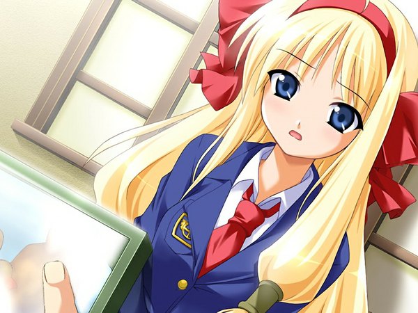 Anime picture 1024x768 with anonono komiya momiji long hair blue eyes blonde hair game cg girl ribbon (ribbons) hair ribbon serafuku