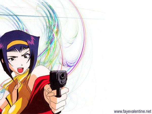 Anime picture 1024x768 with cowboy bebop sunrise (studio) faye valentine single short hair open mouth white background green eyes purple hair wallpaper girl hairband gun pistol