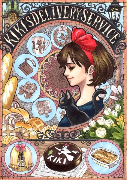 Anime picture 2460x3485 with kiki's delivery service studio ghibli kiki jiji marlboro (artist) single tall image highres short hair smile brown hair brown eyes profile inscription looking down witch girl flower (flowers) bow hair bow